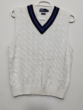Polo by Ralph Lauren White Cable-Knit V-Neck Sweater Vest Womens L Preppy